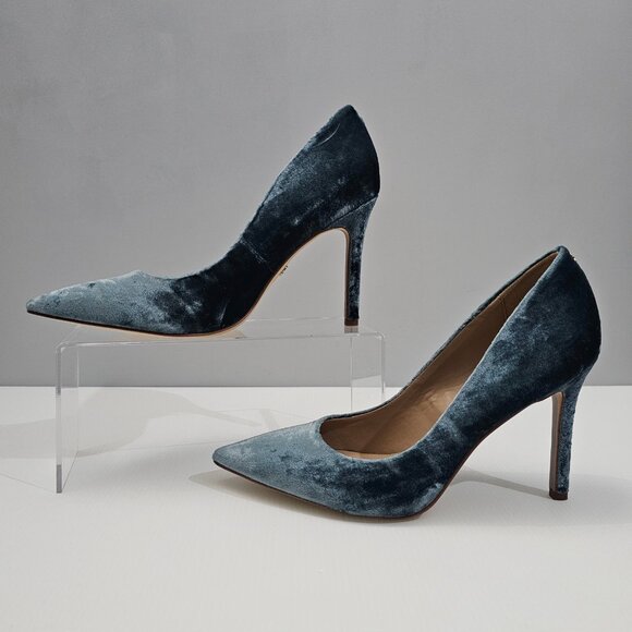 Sam Edelman Hazel Heel Pump Pointed Toe Stiletto Teal Velvet Size 8 NEW - Picture 2 of 14